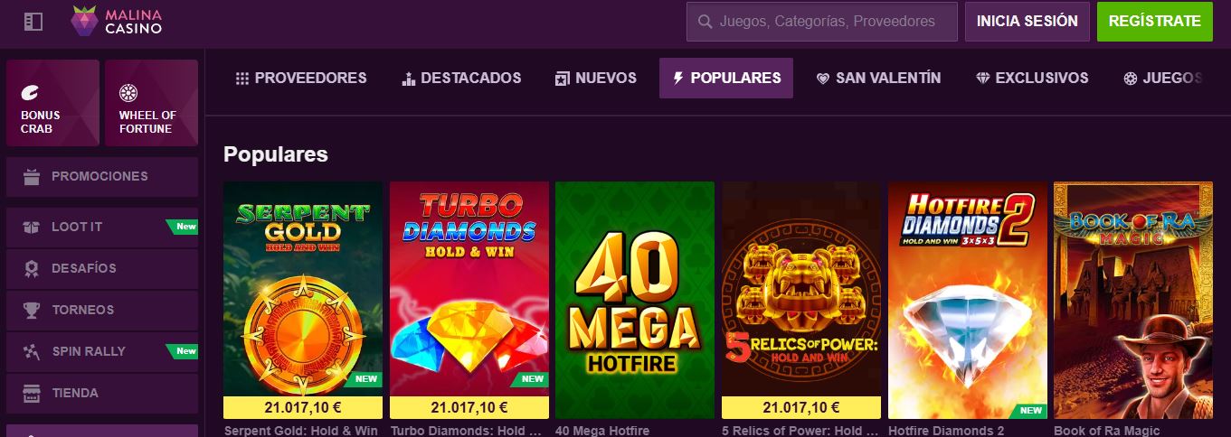 Gira tragamonedas populares con grandes premios acumulados en Malina